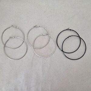 Set Of 3 Large Hoop Earrings Silver Black Gemstone Glitter Rhinestone Y2K 90s